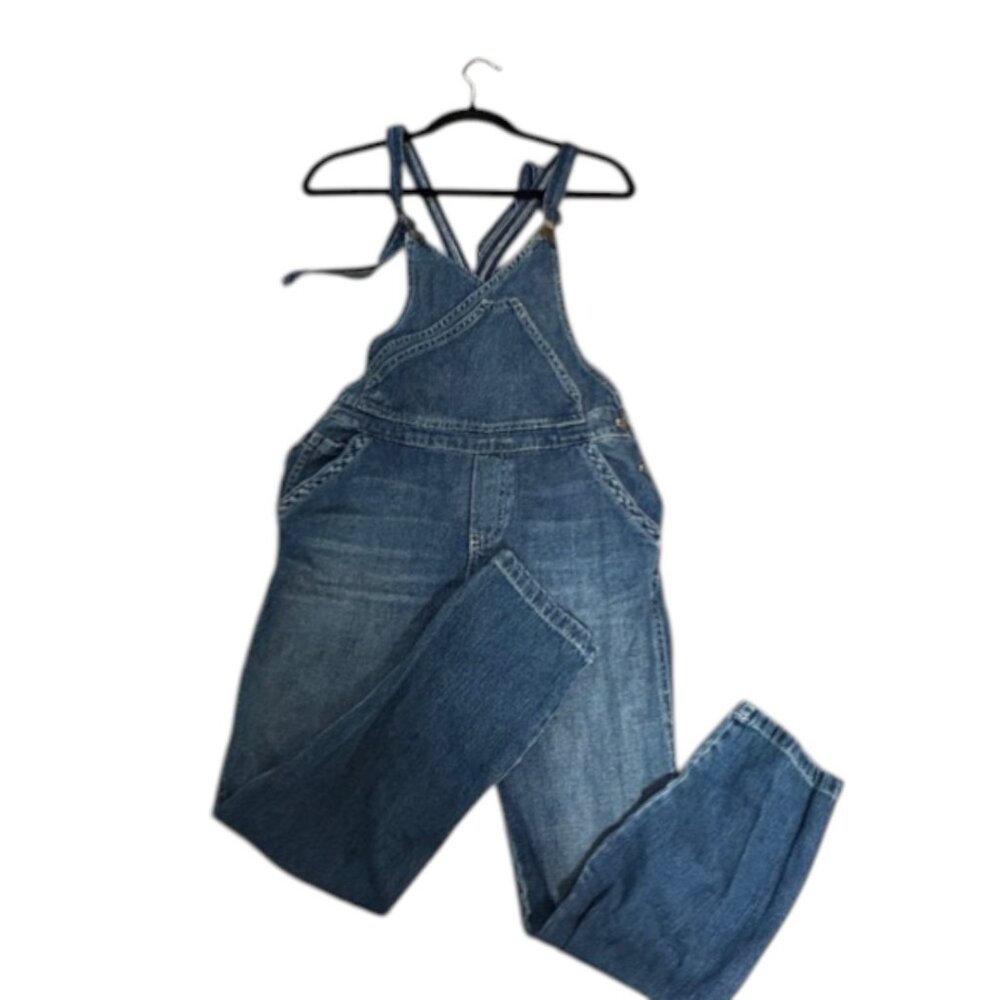 Free People Cross Back Denim Overalls Relaxed Straight Leg Boho Size 25